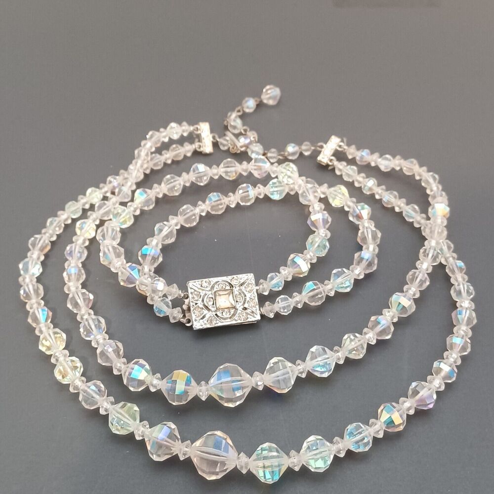 Vtg Crystal AB Glass Beaded Necklace And Bracelet Set Iridescent Deco Clasp